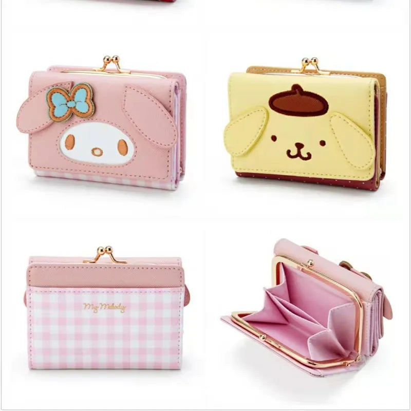 Sanrio Hello Kitty My Melody Cinnamoroll Kuromi Linda cartera plegable de cuero