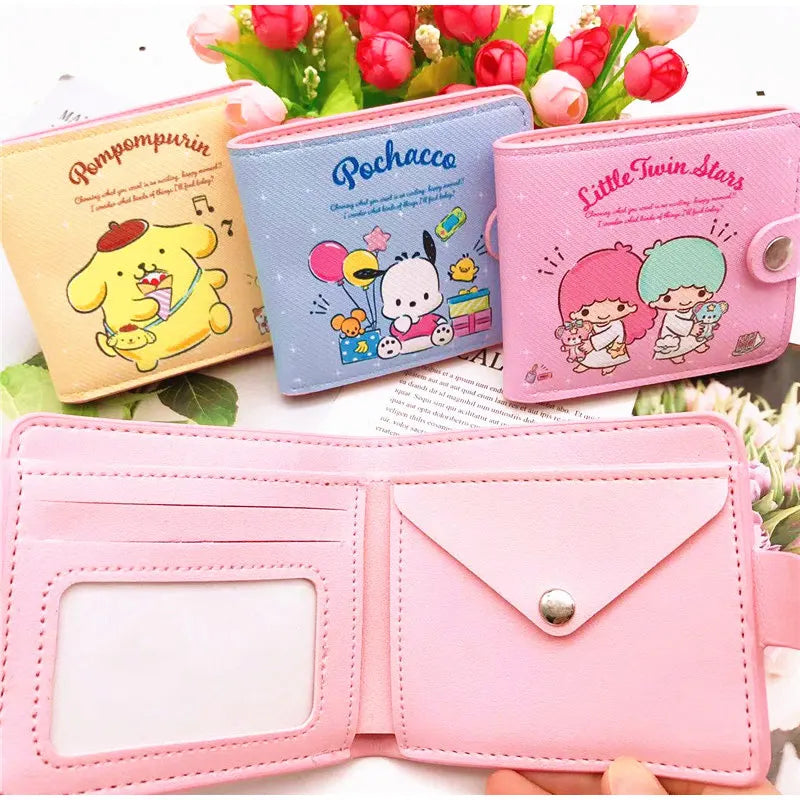 Sanrio Hello Kitty My Melody Cinnamoroll Kuromi Linda cartera plegable de cuero